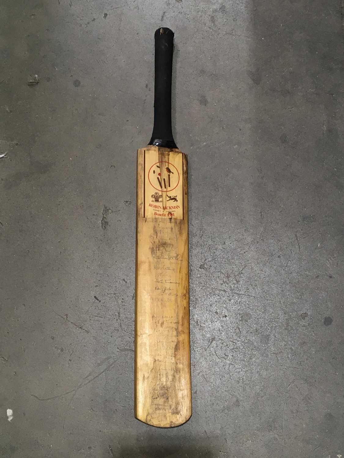 A signed Cricket bat, Robin Jackman Surrey & England Benefit 1981, Prudential Trophy, England V