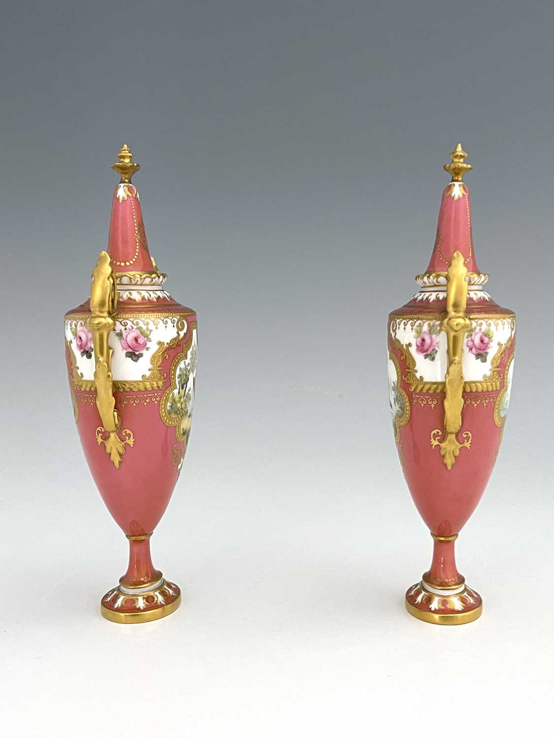 A pair of Royal Crown Derby exotic bird painted vases and covers, 1909, twin handled pedestal urn - Image 5 of 7