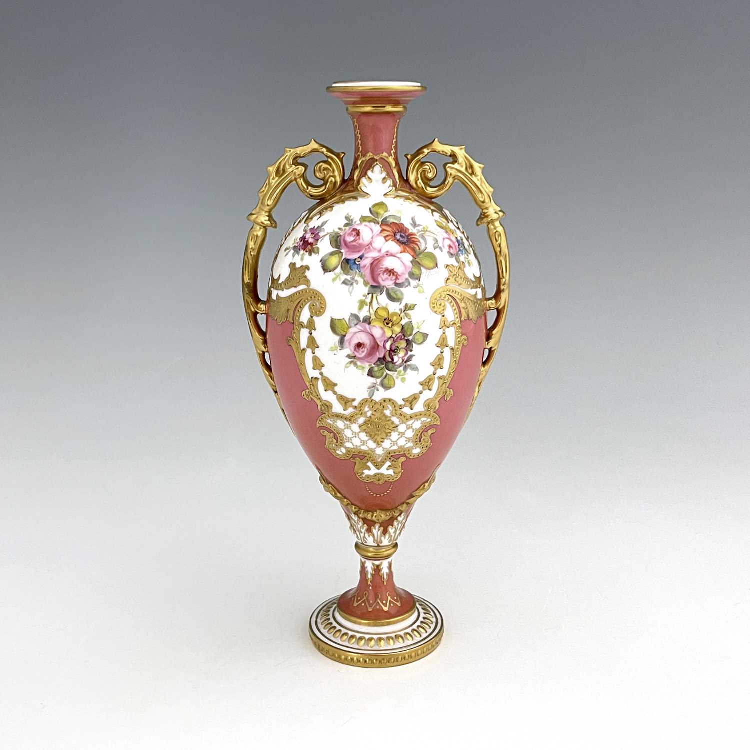 Cuthbert Gresley for Royal Crown Derby, a floral painted pedestal vase, 1908, twin handled urn form,