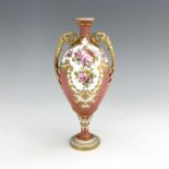 Cuthbert Gresley for Royal Crown Derby, a floral painted pedestal vase, 1908, twin handled urn form,