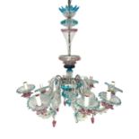 A Murano Italian glass chandelier, circa 1950s, eight branches, optic moulded with applied blue