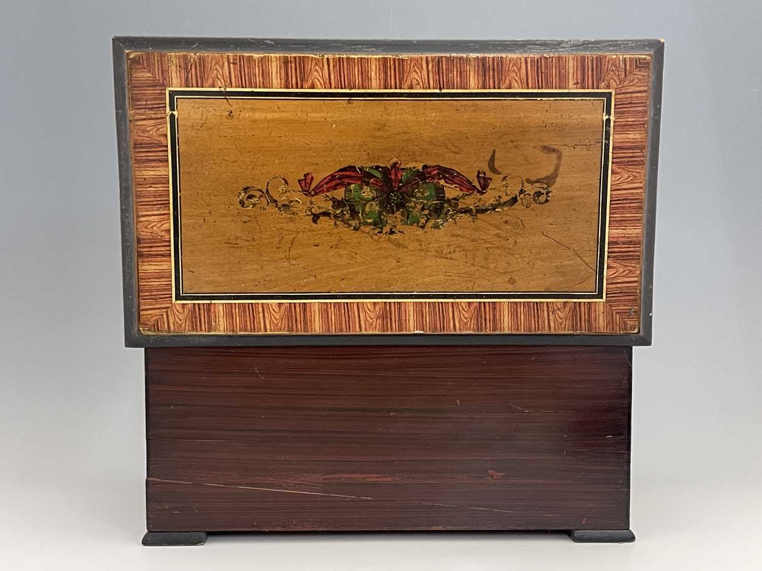 A 19th century Swiss 10 air musical box, with three bells, simulated rosewood case with painted - Image 5 of 10