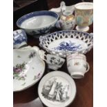 A collection of 18th and early 19th century English ceramics, including monochrome printed pearlware