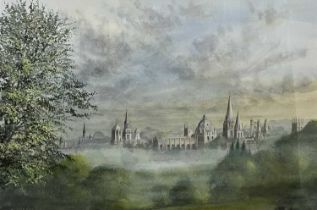 Ken Messer, Oxford mist shrouded skyline, watercolour, signed, framed