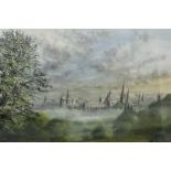 Ken Messer, Oxford mist shrouded skyline, watercolour, signed, framed