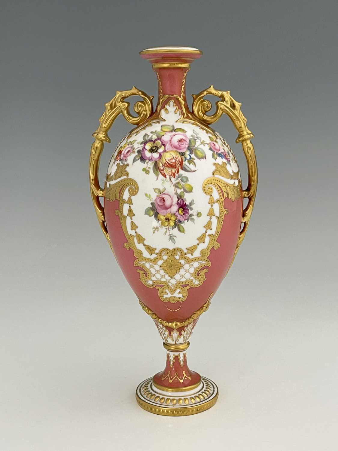 Cuthbert Gresley for Royal Crown Derby, a floral painted pedestal vase, 1908, twin handled urn form, - Image 5 of 5