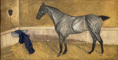 Collender Goldsmith (British, late 19th/early 20th Century), a grey horse in a stable, blue saddle