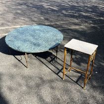 A brass framed marble top coffee table, circular form, with beaded border and reeded supports,