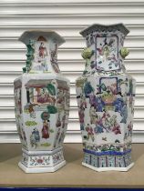 A Chinese famille rose vase, hexagonal baluster form, decorated with temple figure and attendants,