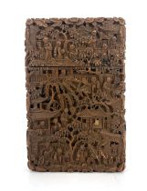 A Chinese carved wood cardcase, modelled in relief with an extensive populated garden landscape of