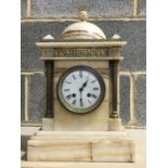 A late 19th century marble mantel clock, architectural form with domed surmount, embossed metal