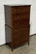 A chest on chest, fitted six drawers with brass swan neck handles, on square supports W: 77 cm D: 51