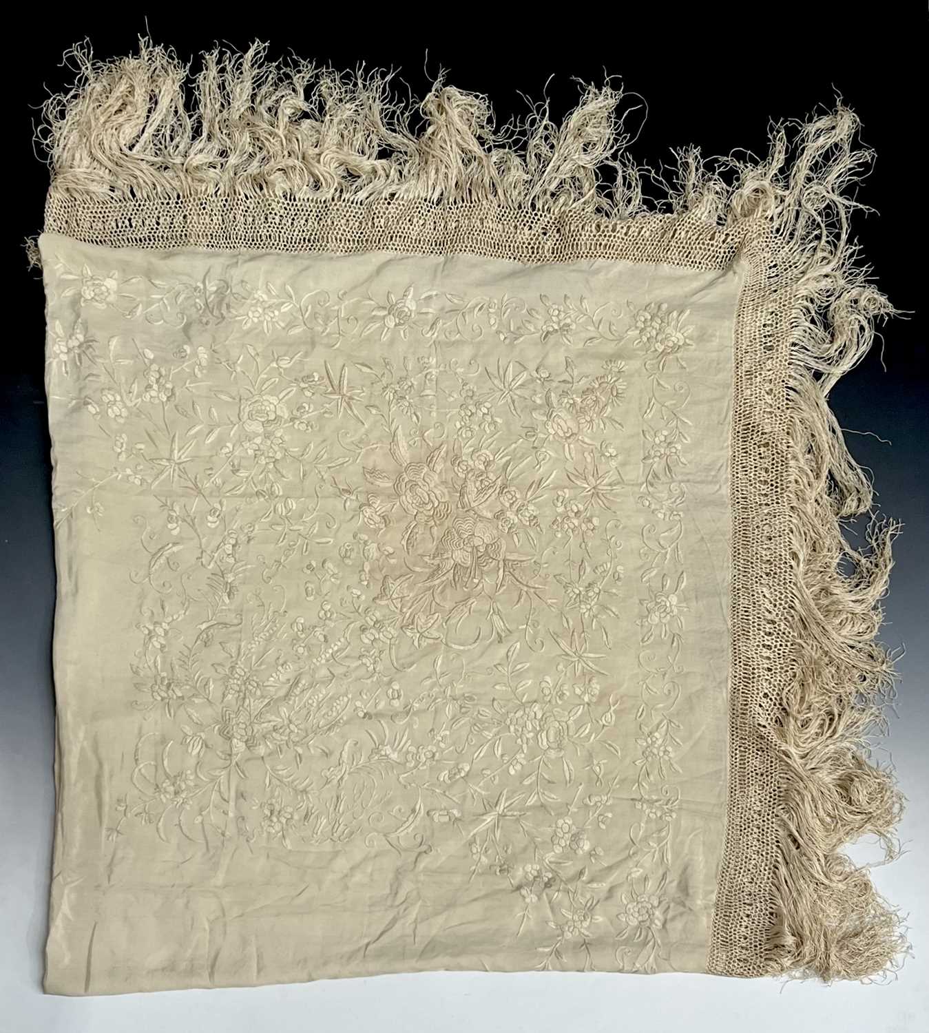 A Victorian embroidered silk piano shawl, together with two 1 - Image 2 of 5