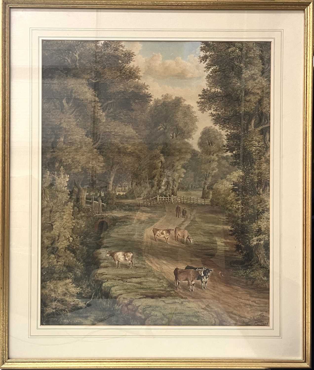 W..Hinchliffe (British, late 19th Century), a pastoral scene with two farmers and cattle, signed and - Image 2 of 3