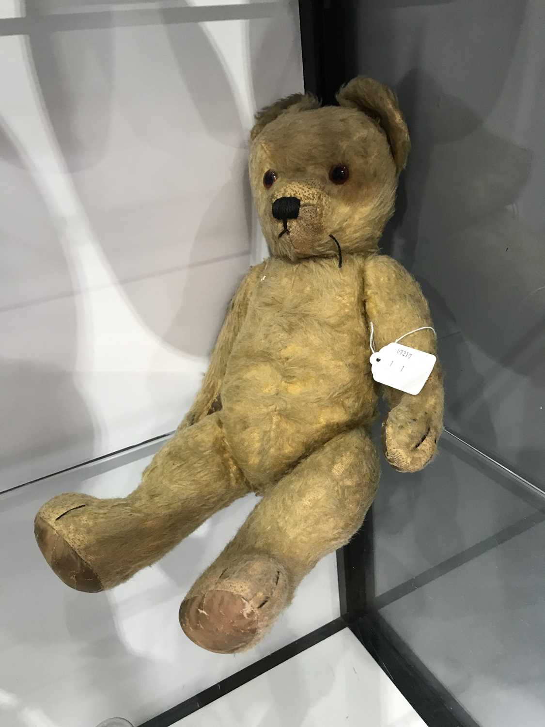 'Edward', a vintage golden plush teddy bear, straw-filled, growler, vertically stitched nose,