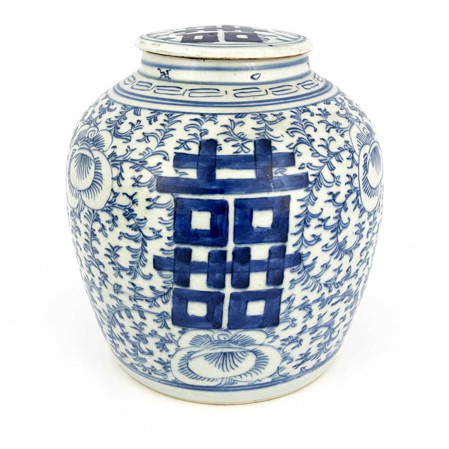 A Chinese blue and white 'marriage' ginger jar and ceramic cover, Qing Dynasty, painted characters