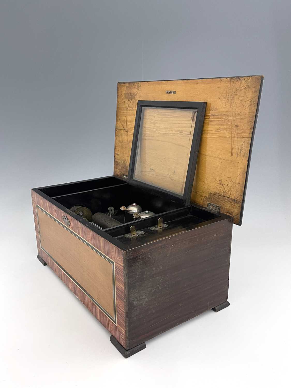A 19th century Swiss 10 air musical box, with three bells, simulated rosewood case with painted - Image 7 of 10
