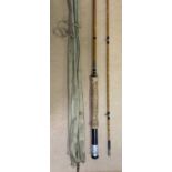 Split cane rod 10ft 2pc, cork handle with green whipped guides and metal reel fittings in original