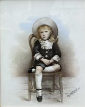 Mowll & Mowlson, Liverpool, a late Victorian overpainted portrait photograph of a seated girl on