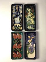 Four Moorcroft trays, rectangular form, including Emma Bossons tulip pattern tray, Lamia and Tribute
