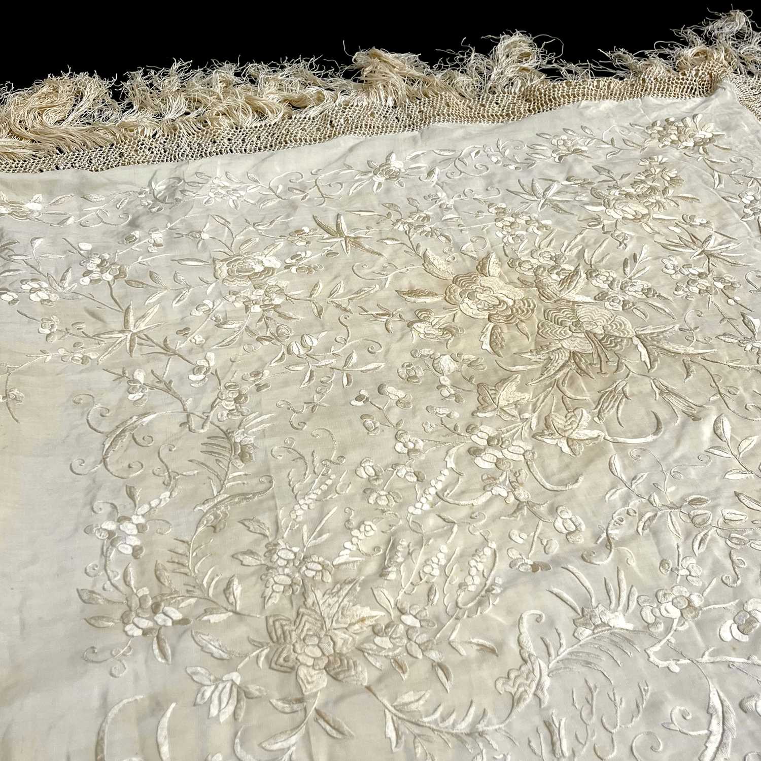 A Victorian embroidered silk piano shawl, together with two 1 - Image 3 of 5