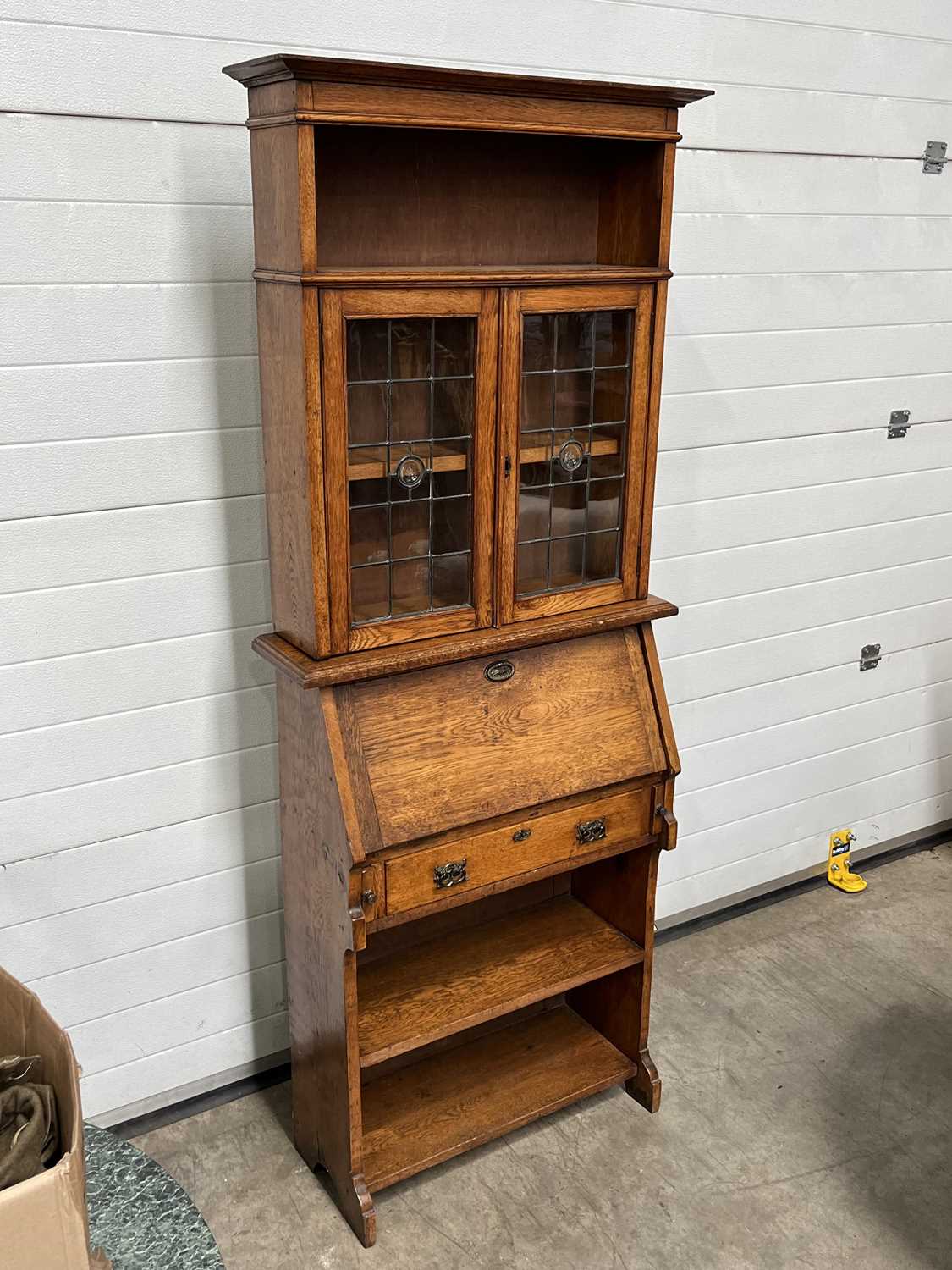 A bureau bookcase, single shelf and glass-front cabinet doors above fall-down slant front - Image 3 of 3