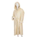 A men's full-length white mink hooded coat, featuring hook and eye fastenings and waist belt tie,