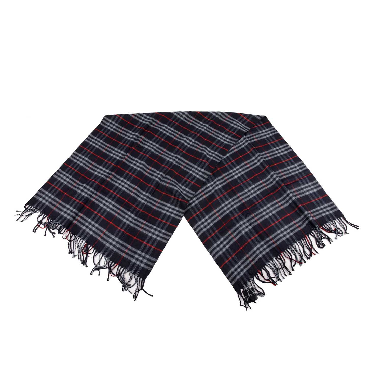 Burberry, a Nova Check lambswool shawl and scarf, to include a navy blue shawl and a red scarf, both - Image 3 of 4