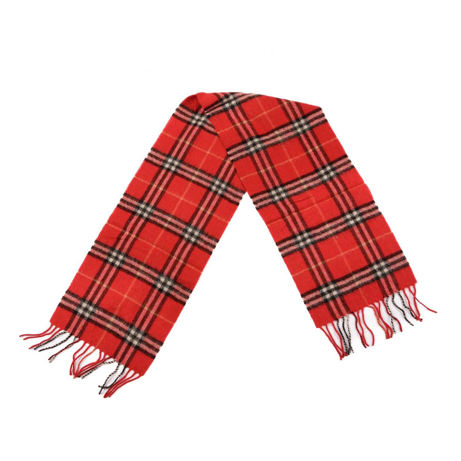 Burberry, a Nova Check lambswool shawl and scarf, to include a navy blue shawl and a red scarf, both - Image 4 of 4