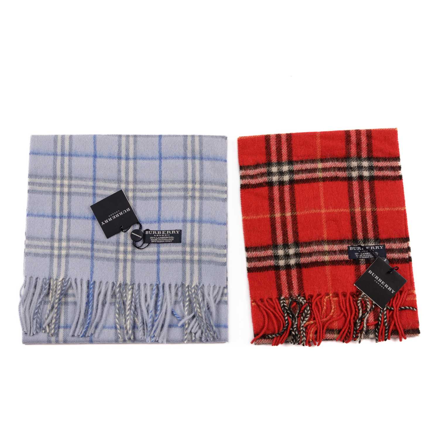 Burberry, two Nova Check lambswool scarves, to include a light blue scarf and a red scarf, both with - Image 2 of 4