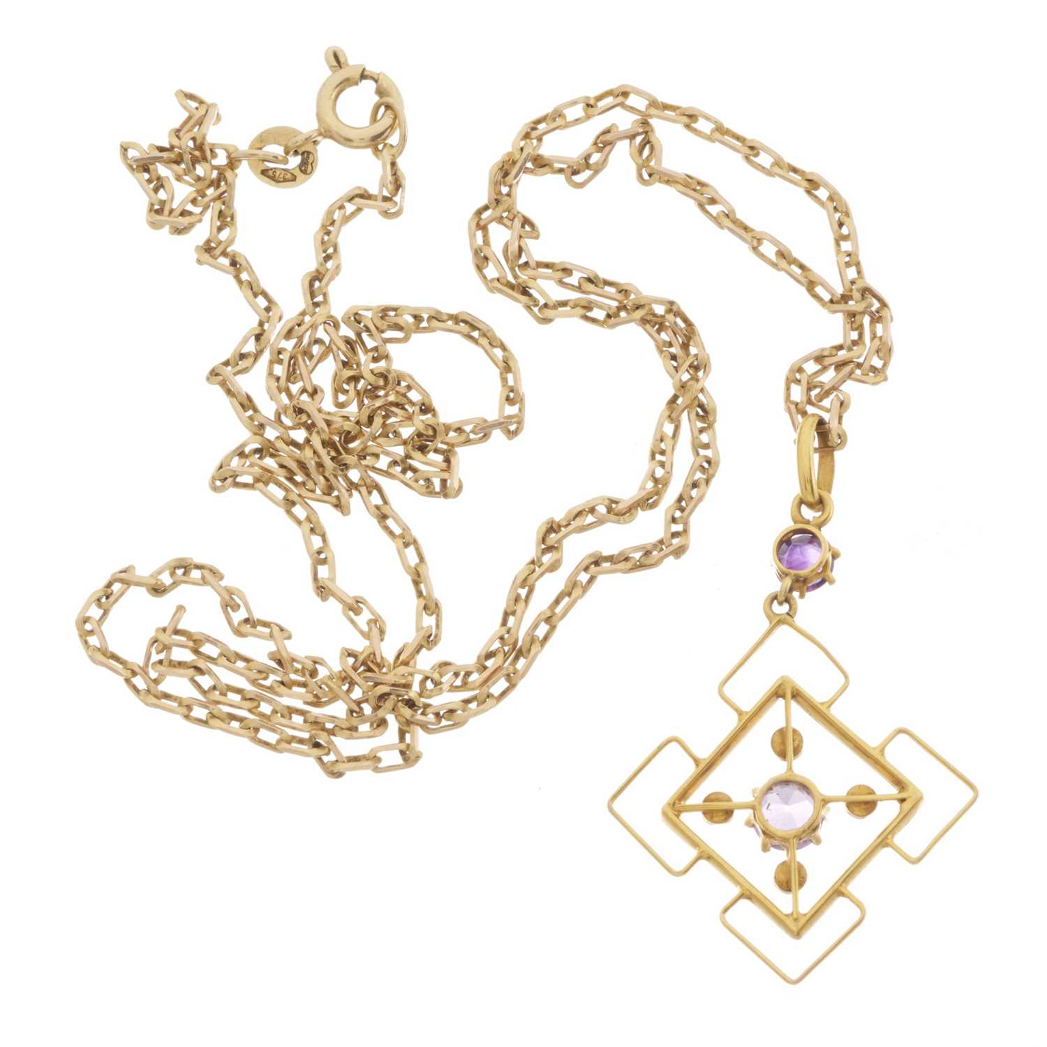 An early 20th century 9ct gold amethyst and pearl pendant, with chain - Image 2 of 2