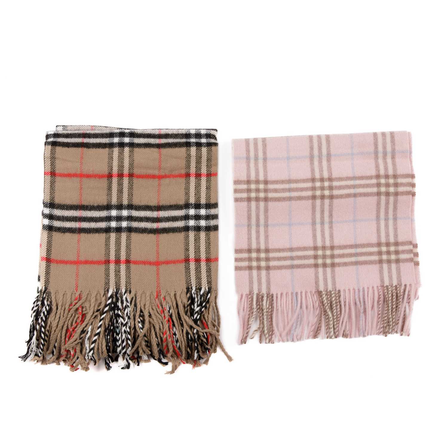 Burberry, a Nova Check lambswool shawl and scarf, to include a beige shawl and a rose pink scarf,