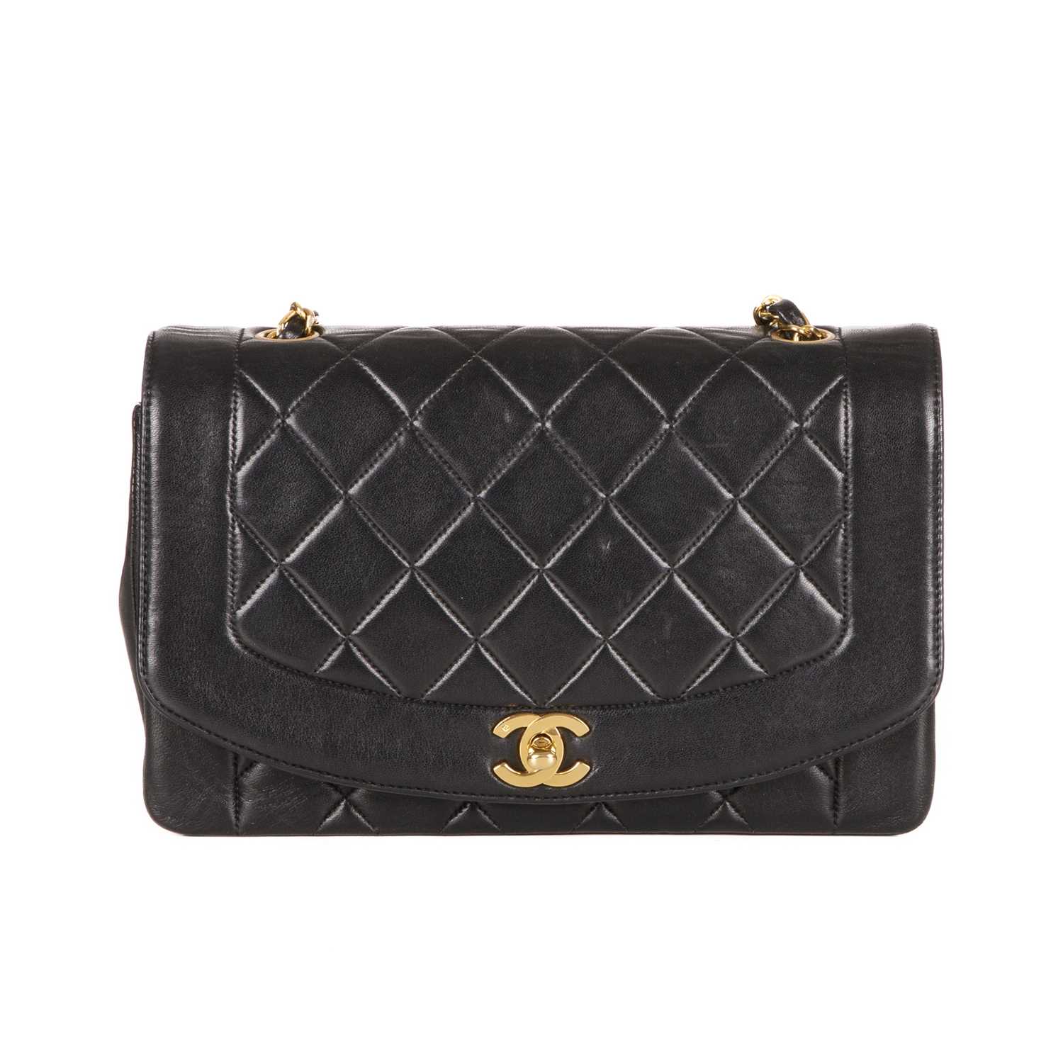 Chanel, a vintage Diana Flap handbag, designed with a diamond quilted black lambskin leather