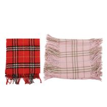 Burberry, two Nova Check lambswool scarves, to include a red scarf with fringe detailing at either