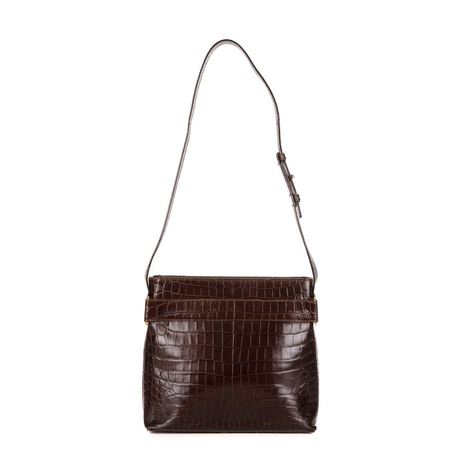 Salvatore Ferragamo, an embossed leather handbag, designed with a brown crocodile embossed leather