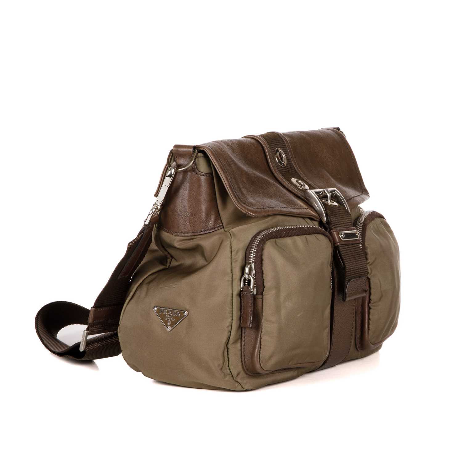 Prada, a crossbody Flap Buckle bag, designed with a khaki green nylon and brown leather exterior, - Image 3 of 4