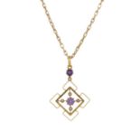 An early 20th century 9ct gold amethyst and pearl pendant, with chain