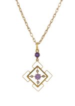 An early 20th century 9ct gold amethyst and pearl pendant, with chain