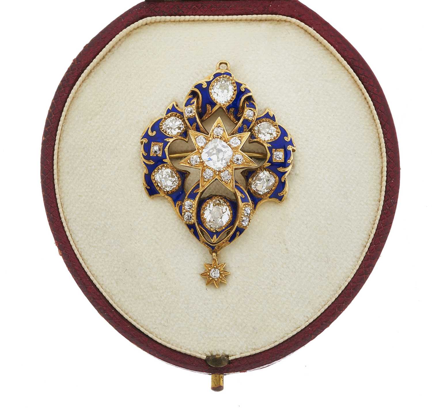 A late Victorian gold, diamond and blue enamel pendant brooch