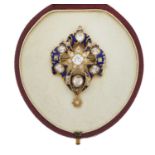 A late Victorian gold, diamond and blue enamel pendant brooch