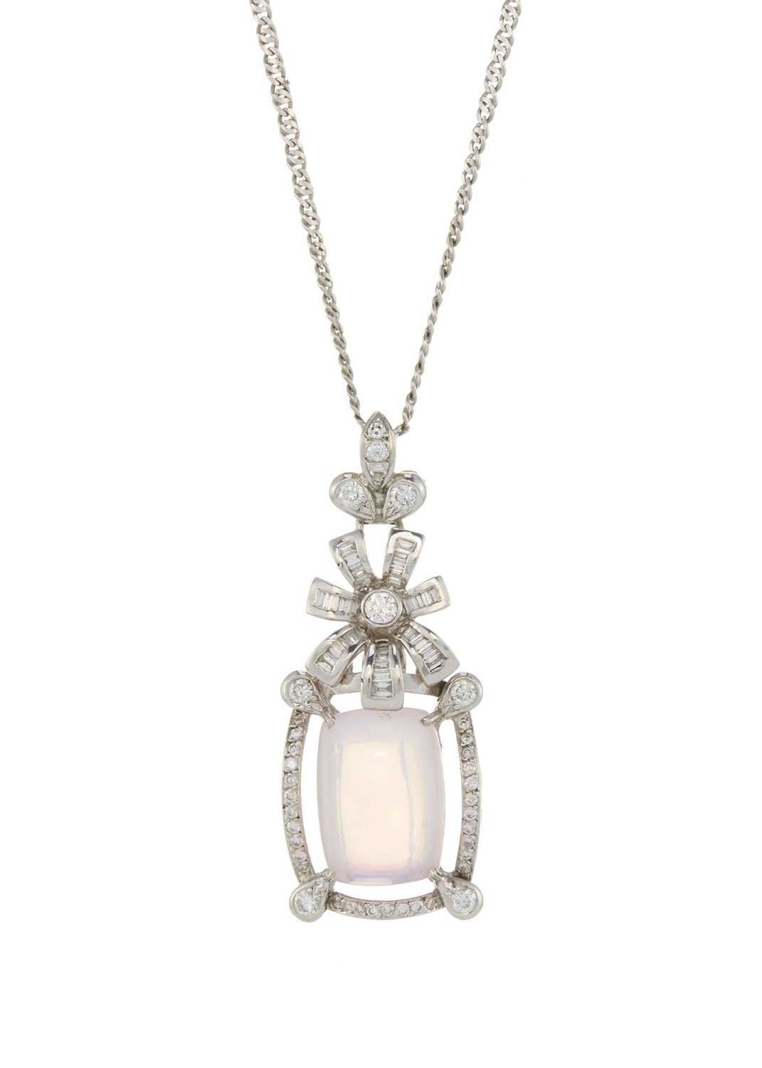 An 18ct gold rose quartz and diamond floral pendant, with chain