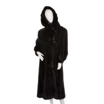 A full-length black mink hooded coat, featuring hook and eye clip fastenings, fitted cuffs, a