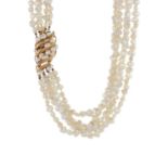 A baroque pearl five-strand necklace, with 14ct gold clasp