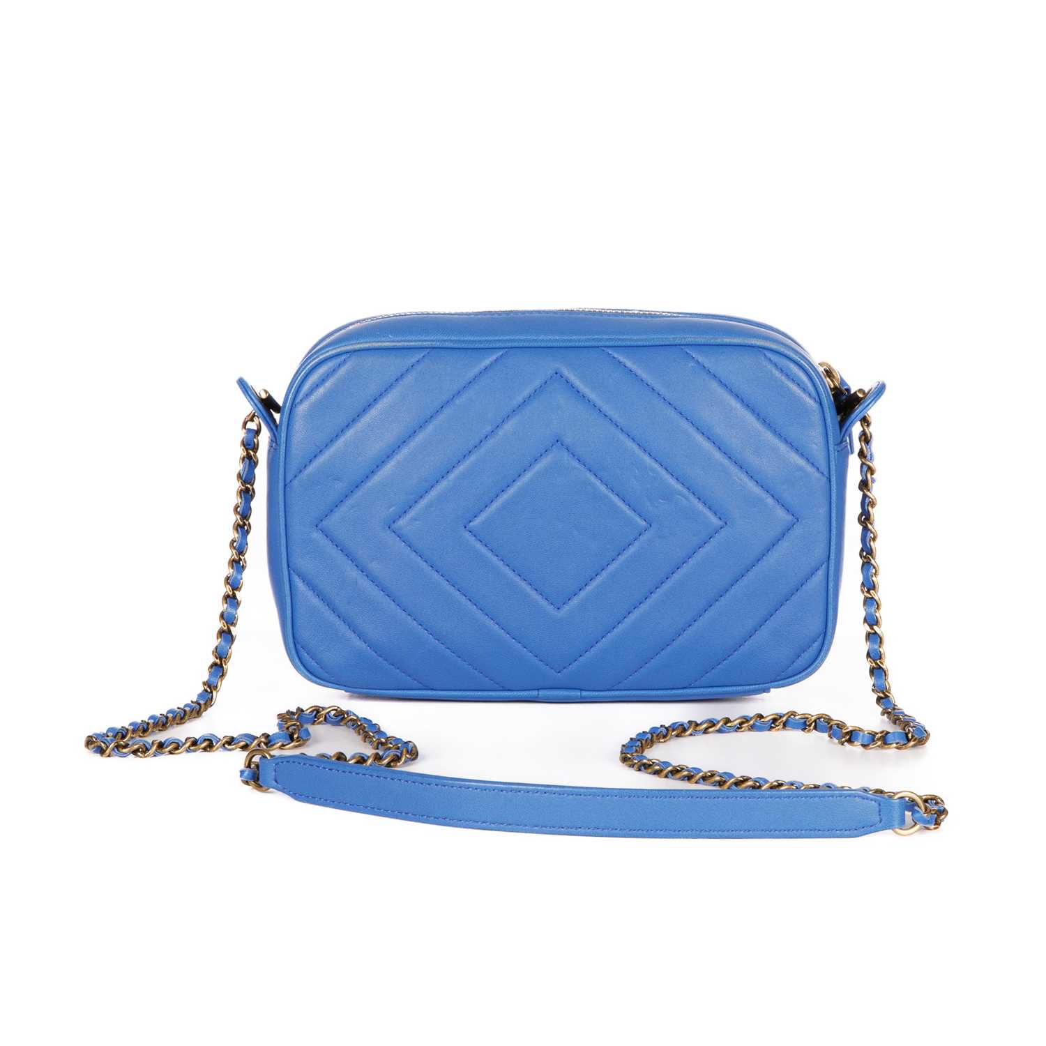 Chanel, a Pyramid camera bag, featuring a blue diamond-quilted leather exterior, with aged gold-tone - Image 2 of 4