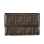 Fendi, a Zucca trifold wallet, crafted from tobacco brown FF monogram canvas with smooth brown