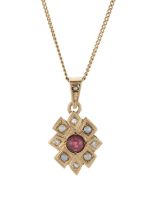 An early 20th century 9ct gold pink tourmaline, diamond and pearl pendant, with chain