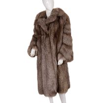 A full-length shadow blue fox fur coat, designed with a notched lapel collar, hook and eye