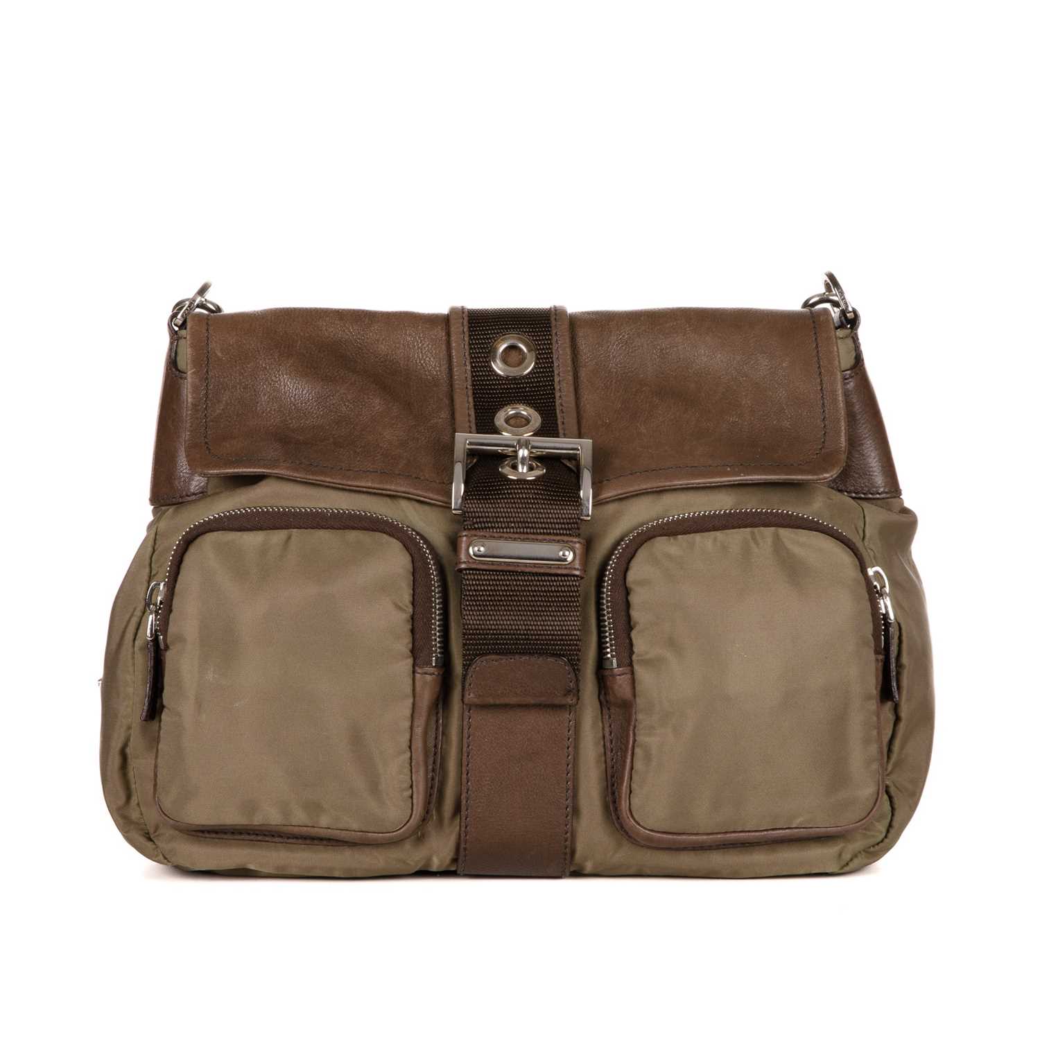 Prada, a crossbody Flap Buckle bag, designed with a khaki green nylon and brown leather exterior,