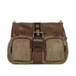 Prada, a crossbody Flap Buckle bag, designed with a khaki green nylon and brown leather exterior,