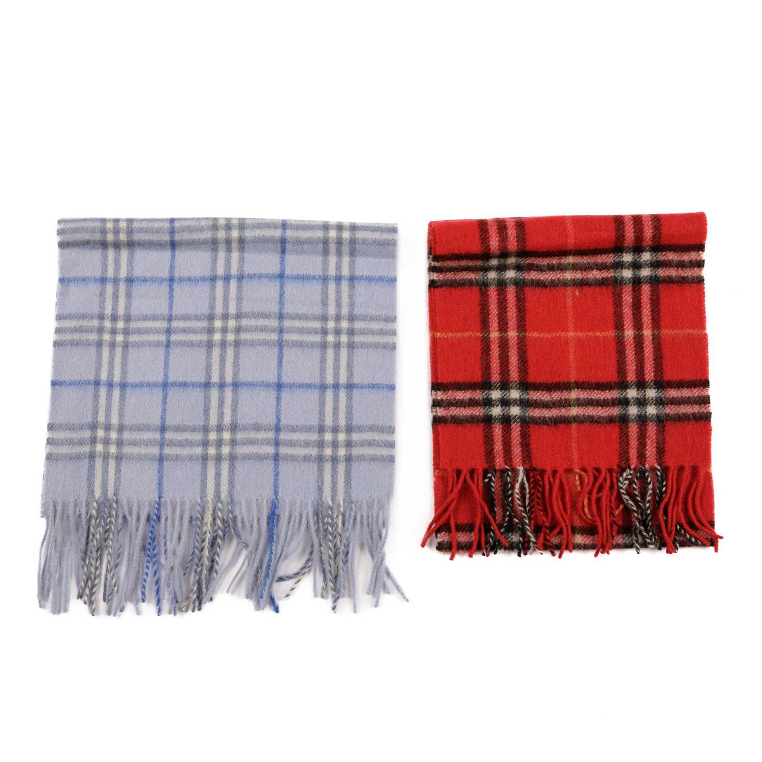 Burberry, two Nova Check lambswool scarves, to include a light blue scarf and a red scarf, both with
